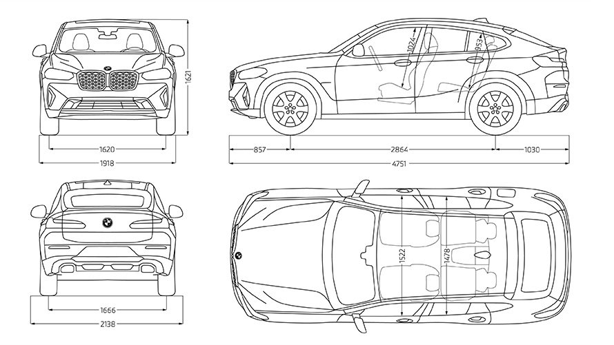 BMW X4 G02 ilustracija sa tehničkim podacima