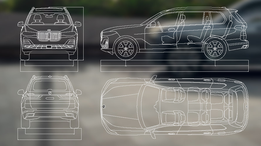 Ilustracija dimenzija prednje, bočne, i zadnje strane vozila i odozgo BMW X7 G07 LCI